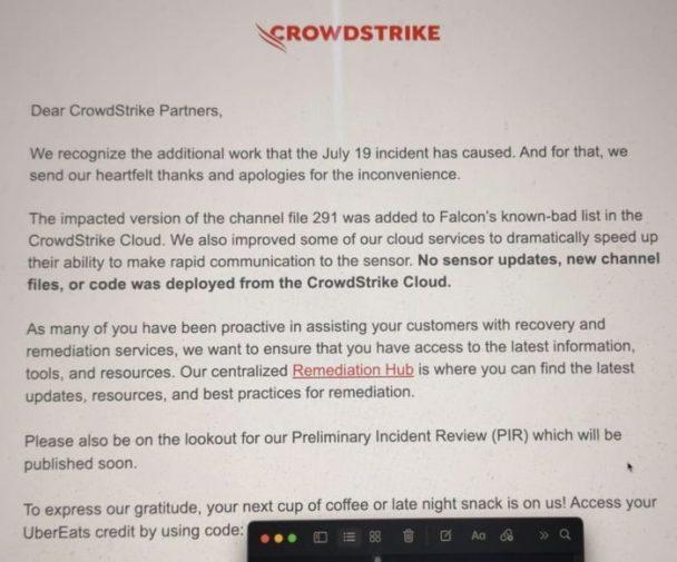 CrowdStrike Rewards Partners & Employees with  Gift Card The IT staff, who have been working tirelessly with significant overtime since the global outage, have been given a  gift card as a token of appreciation.