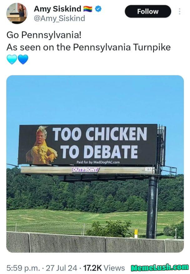 This is distasteful. Chickens such roosters are known to be fierce and protective of their flock. It shouldn’t be compared to Trump.