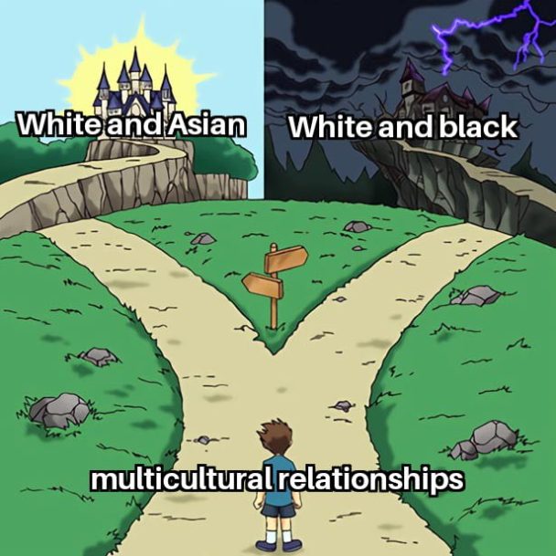 It’s actually insane how much more statistically successful Asian plus white relationships are. Especially to black and white ones It’s actually insane how much more statistically successful Asian plus white relationships are. Especially to black and white ones