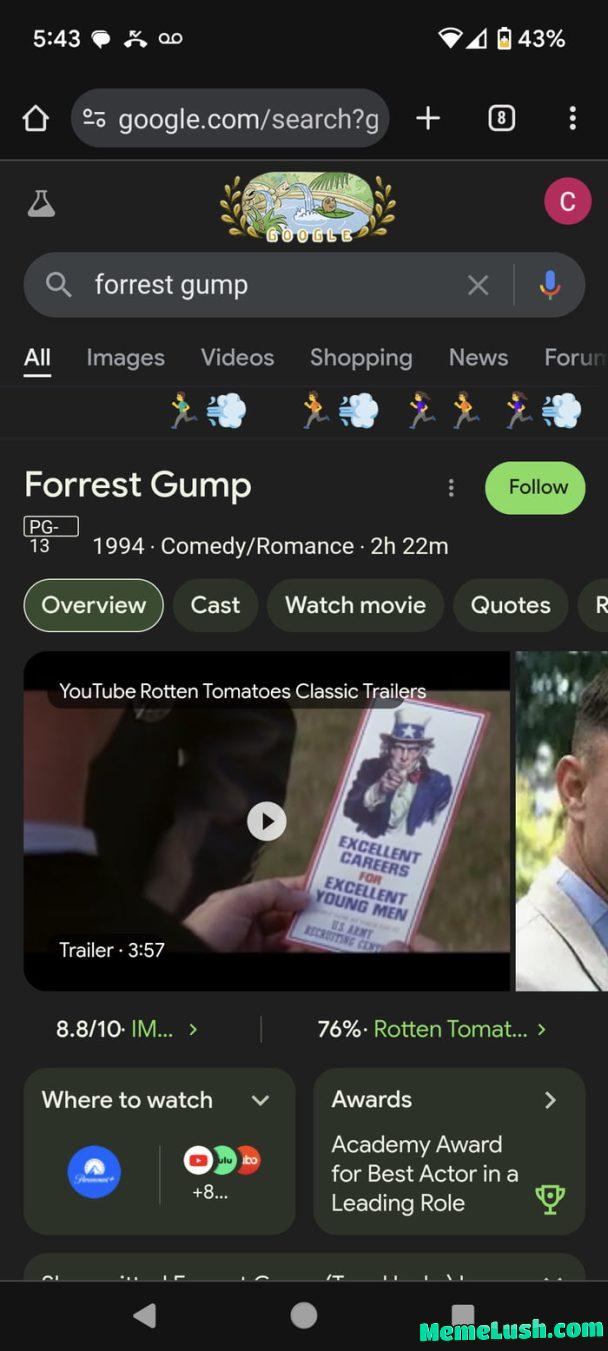 At the top of the Forrest Gump Google page 🏃🏃🏃