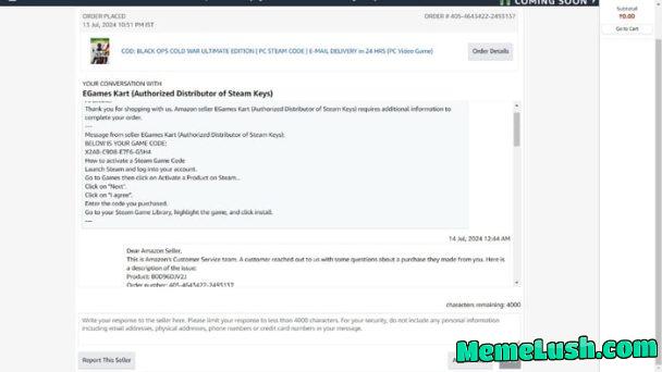 Amazon seller gives a fake Steam code and suffers no consequences