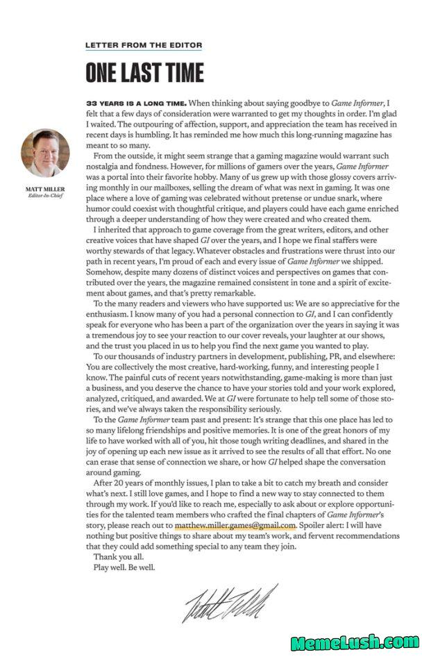 Final official statement from Game Informer’s now-former Editor-In-Chief.