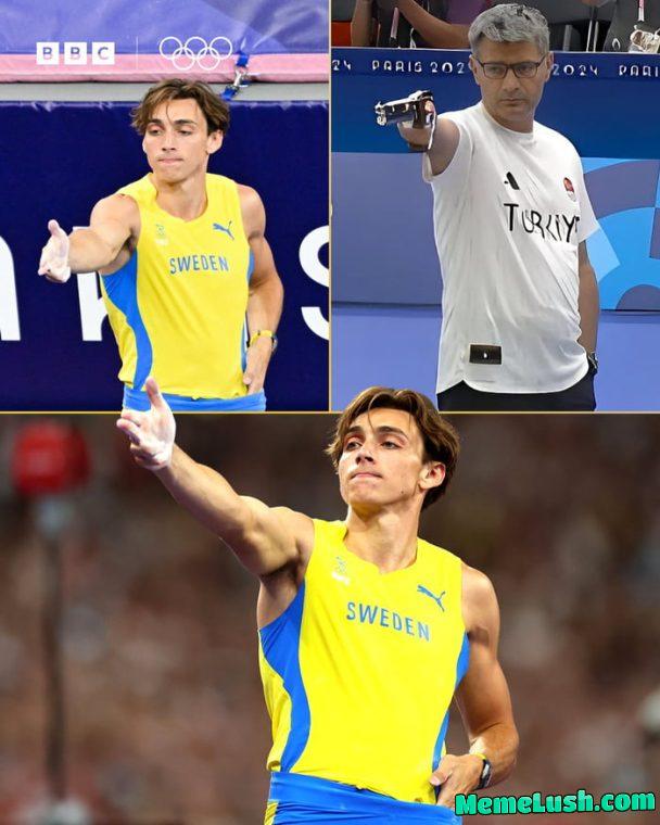 Iconic celebration! Swedish athlete Armand Duplantis hit us with the Yusuf Dikec stance after setting an Olympic pole vault record Iconic celebration! Swedish athlete Armand Duplantis hit us with the Yusuf Dikec stance after setting an Olympic pole vault record