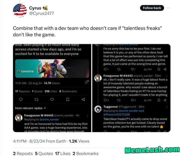 Concord devs are responding to their game flopping by…attacking their audience as “talentless freaks.” Concord devs are responding to their game flopping by…attacking their audience as “talentless freaks.”