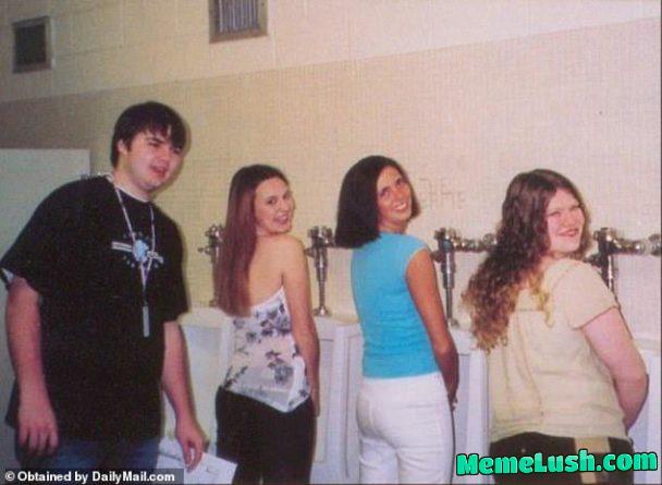 JD Vance posing with female classmates in a boys restroom in high school
