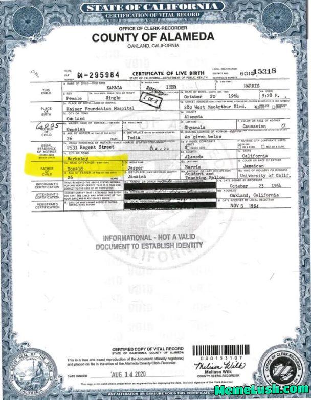 A copy of Shamala Harrisâs birth certificate. NOWHERE on it does it say that she is BLACK OR AFRICAN. She’s a liar. Donald Trump is correct. Kamala Harris is NOT black and never has been. She is also the descendent of slave owners A copy of Shamala Harrisâs birth certificate. NOWHERE on it does it say that she is BLACK OR AFRICAN. She’s a liar. Donald Trump is correct. Kamala Harris is NOT black and never has been. She is also the descendent of slave owners