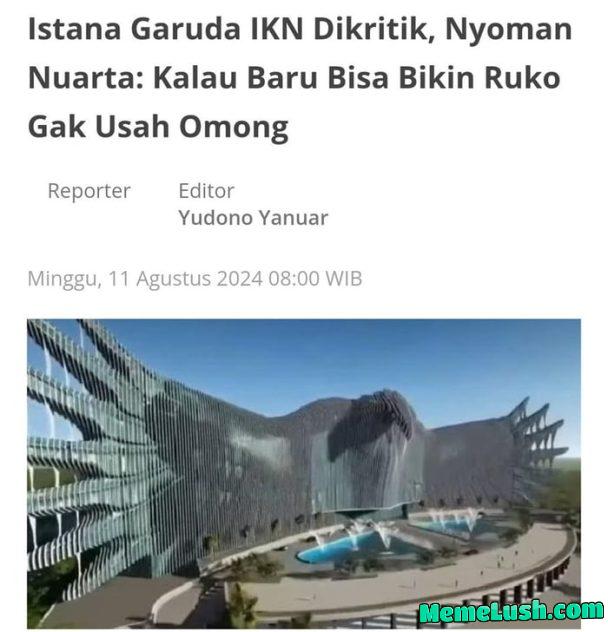 Saya tidak mengkritik, saya jengkel !, itu patung apa jelek sekali, mengerikan, pakai duit saya itu bikinnya, duit rakyat! , siapa km gamau dikritik? Pesan burung garuda datengnya burung blekutuk, balikin duit saya! Balikin !!! Saya tidak mengkritik, saya jengkel !, itu patung apa jelek sekali, mengerikan, pakai duit saya itu bikinnya, duit rakyat! , siapa km gamau dikritik? Pesan burung garuda datengnya burung blekutuk, balikin duit saya! Balikin !!!