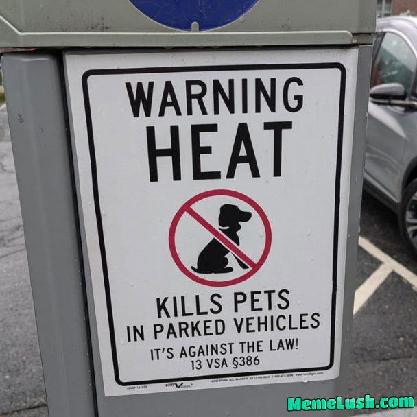 Crappy Information Design: The main text should be “Heat Kills Pets,” and the cross through the dog graphic makes no sense.