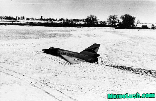 In 1970, an Convair F-106 made a pilot-less landing in a cornfield after the pilot punched out during a training mission gone awry and it recovered. It became known as the “Cornfield Bomber”