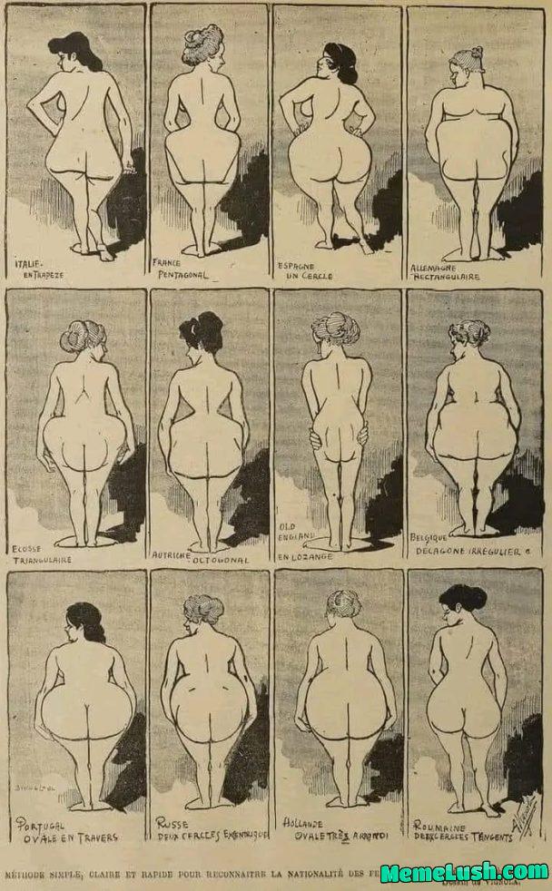1901 caricature by Vignola in ‘Le Rire’ featuring typical female butts from different countries. Row 1: Italy, France, Spain, Germany. Row 2: Scotland, Austria , England, Belgium. Row 3: Portugal , Russia , Netherland. 1901 caricature by Vignola in ‘Le Rire’ featuring typical female butts from different countries. Row 1: Italy, France, Spain, Germany. Row 2: Scotland, Austria , England, Belgium. Row 3: Portugal , Russia , Netherland.